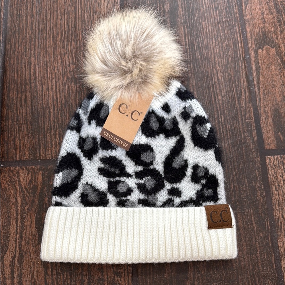 C.C Black and White Leopard Print Pom Pom Beanie
